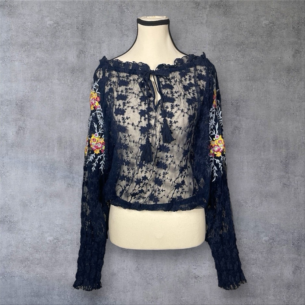 Free People Blue Jubilee Lace Floral‎ Embroidered Sheer Top Womens S Boho Mesh